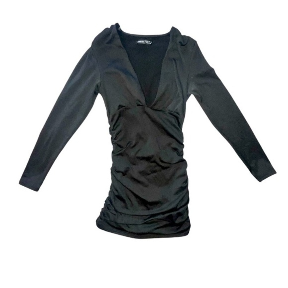 SHEIN Black Bodycon Mini Dress Deep V Neckline Ruched Sides Long Sleeves Size XS